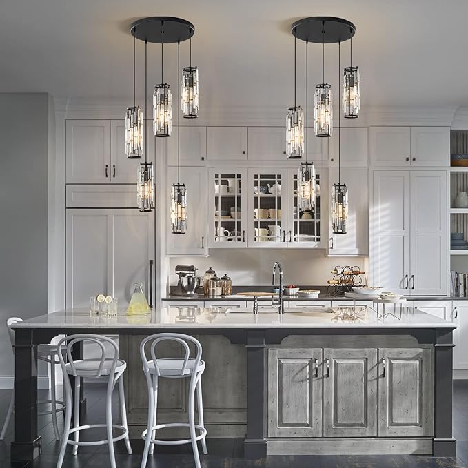 LMQNINE Pendant Light, Black Modern Pendant Light Fixtures, Mini Crystal Chandeliers, Adjustable 5-Light Pendant Lighting for Kitchen Island Dinning Room Bedroom (Black 5-Light)