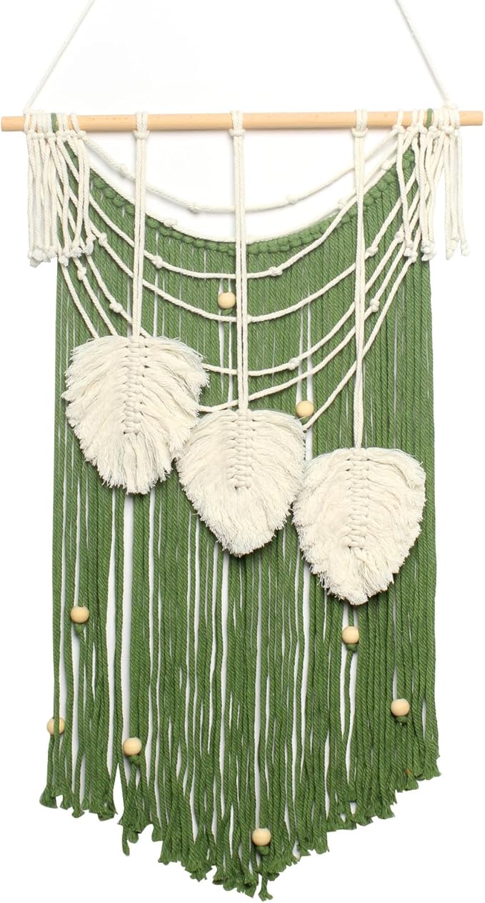 JONKASIPA Macrame Wall Hanging Bohemian Handmade Leaf Feather Wall Art Decorations, Green fringe Chic Home Decor for Apartment Dorm Living Room Bedroom
