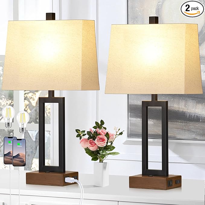 23.5" Table Lamps Set of 2, Modern Black Bedside Lamps with 2 USB Ports & AC Outlet, Contemporary Nightstand Lamps with Wood Base for Bedroom Living Room(LED Bulb Included)