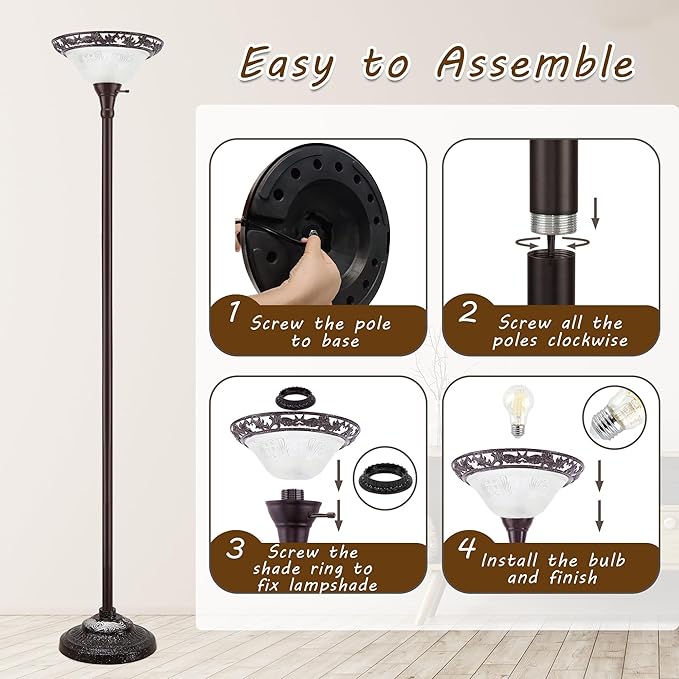 Luvkczc Torchiere Floor Lamp for Living Room - 70" Victorian Floor Lamp with with Etched Glass Shade, Vintage Standing Corner Tall Reading Light for Bedroom Office