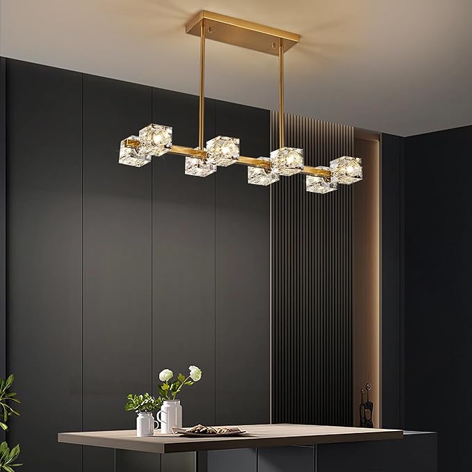 Dining Room Light Fixture,Gold Modern Crystal Chandelier Rectangular Pendant Light with 8 Light Farmhouse Chandeliers for Kitchen Island Dining Room Living Room Bedroom