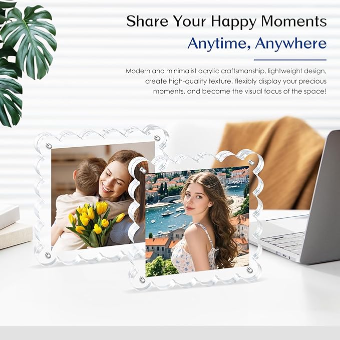 Acrylic Picture Frames .5×5inch 2Pack - Double-Sided Scalloped Photo Frame, 20mm Ultra-Clear Block, Modern Desktop Display for Home/Office Decor (2 Pack, 5X5)