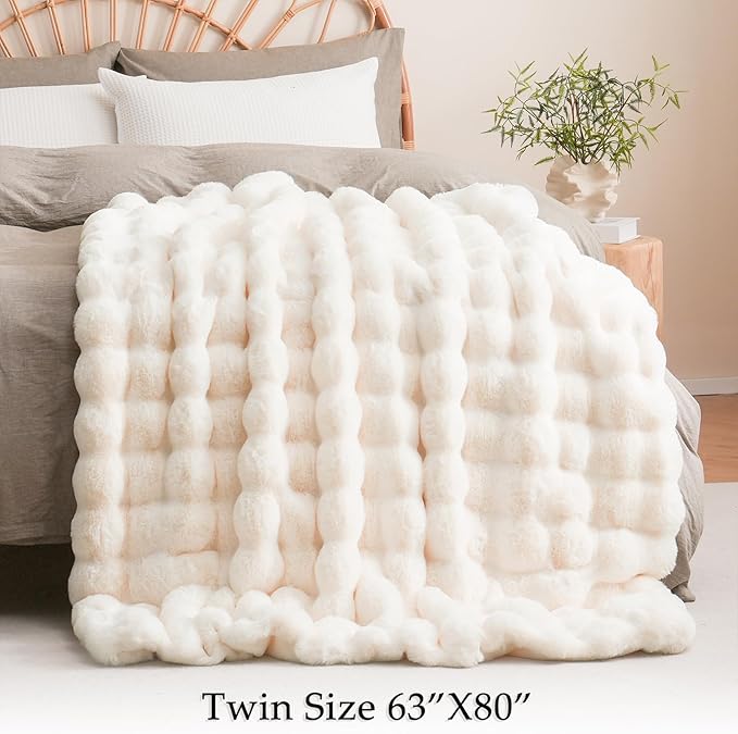 BENVWE Faux Fur Throw Blanket for Couch Bed - Fluffy Soft Thick Bubble Blanket for Living Room Home Decor - Mothers Day Birthday Gifts for Women, Cream White, 63" x 80"