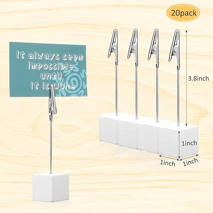 20 Pcs Cube Base Memo Clip Holder with Alligator Clip Wood Table Number Holder Cube Base Place Card Stand Mini Photo Menu Stand for Displaying Number Card(White)
