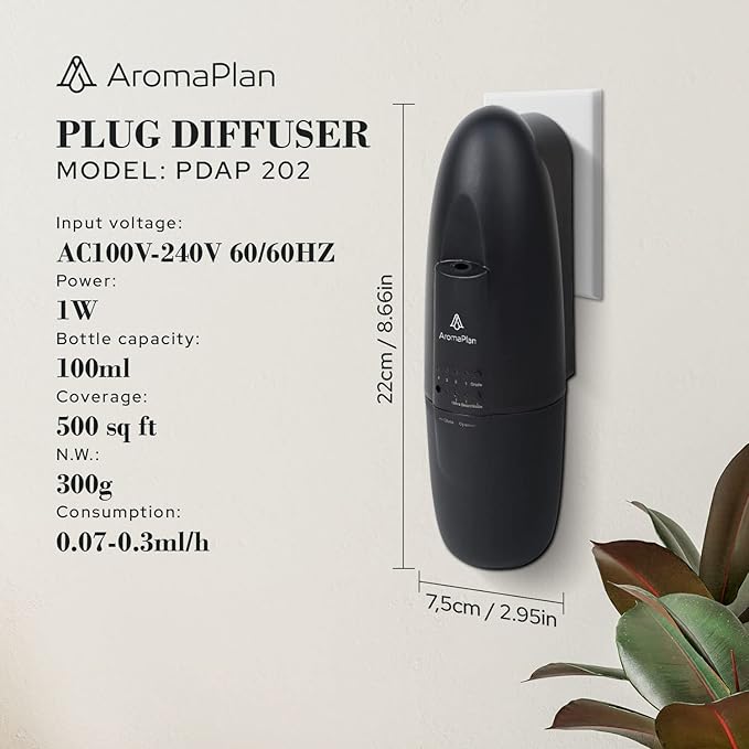 AROMAPLAN Authentic Plug in Waterless Diffuser - Up to 500 Sq. FT Coverage - Nanotechnology Plug in Oil Diffuser for Essential Oils -for Home and Office - Wall Silent & Waterless Oil Diffuser (Black)
