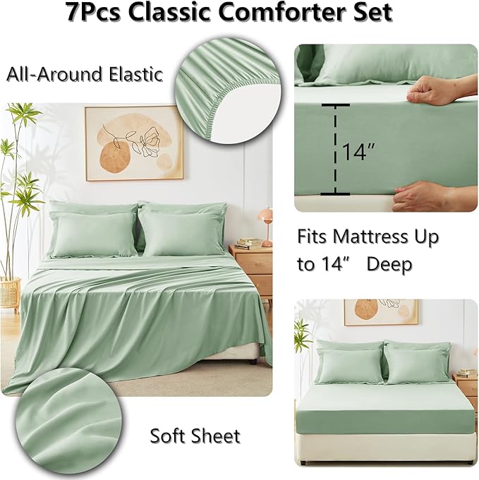 CozyLux Queen Comforter Set Sage Green - Bed in a Bag Queen Size 7 Pieces, Luxury Soft Bed Set for All Seasons, Bedding Set with Down Alternative Comforter, Sheets, Pillowcases & Shams