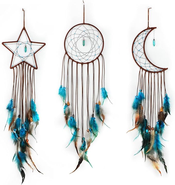 Jetec 3 Pcs Dream Catcher Moon Sun Star Design Handmade Traditional Craft Ornament Wall Hanging Home Decoration Bedroom Wedding Halloween Christmas Decorations(Dark Blue)
