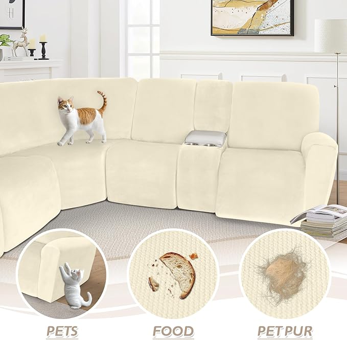 Arfntevss Sectional Recliner Couch Covers Velvet Washable Corner Sectional Sofa Cover for Reclining Stretch Soft Thick L Shape Recliner Slipcover Set (5 Seat with 1 Console Cover, Beige)