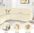 Arfntevss Sectional Recliner Couch Covers Velvet Washable Corner Sectional Sofa Cover for Reclining Couch Stretch Soft Thick L Shape Recliner Slipcover Set (5 Seat with 2 Console Cover, Beige)