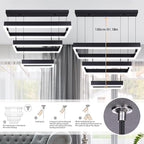 Modern 3 Rings Rectangle Chandelier for Living Room - Adjustable Height Luxury Foyer Lighting Fixture for High Ceiling, Hanging Dining Room LED Pendant Light