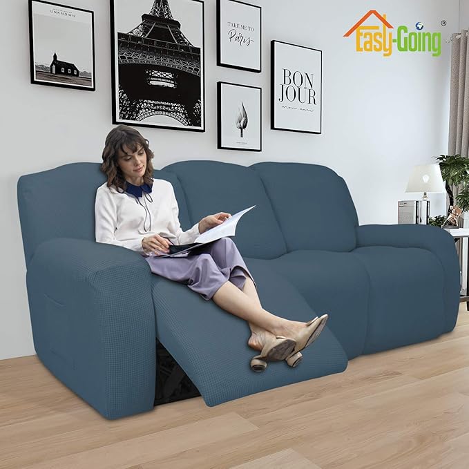 Easy-Going 8 Pieces Recliner Sofa Stretch Sofa Slipcover Sofa Cover Furniture Protector Couch Soft with Elastic Bottom Kids, Spandex Jacquard Fabric Small Checks Bluestone