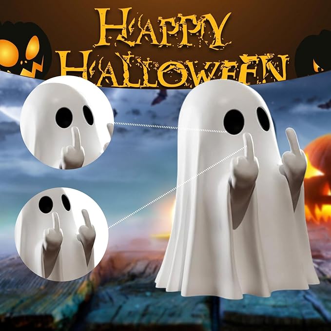 Halloween Ghost Figurine, Funny Resin Middle Finger Ghost Statue, Cute Decor for Halloween Decorations Indoor, Porch and Desk Spooky Home Decor Gifts