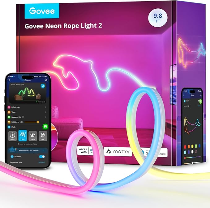 Govee RGBIC Neon Lights, LED Smart Neon Rope Light 2 Works with Matter, Alexa, Google Assistant, Custom DIY Neon Strip Lights for Bedroom and Wall Decor, Softer Material, 9.8ft, White