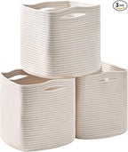 11 Inch Cube Storage Bins, Organizer Bins, Woven Cotton Rope Baskets for Storage, Storage Baskets for Organizing Shelves, White Basket for Toys, Off White (Pack of 3)