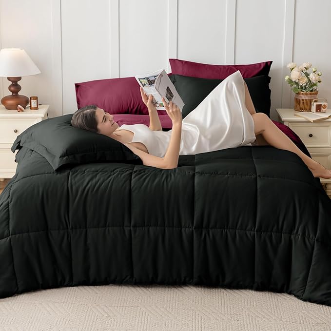 JOLLYVOGUE Queen Comforter Set, Ultra-Soft Bed in a Bag Queen Size 7 Pieces, Oeko-TEX Certified Bedding Set with Down Alternative Comforter, Sheets, Pillowcases & Shams, Burgundy & Black