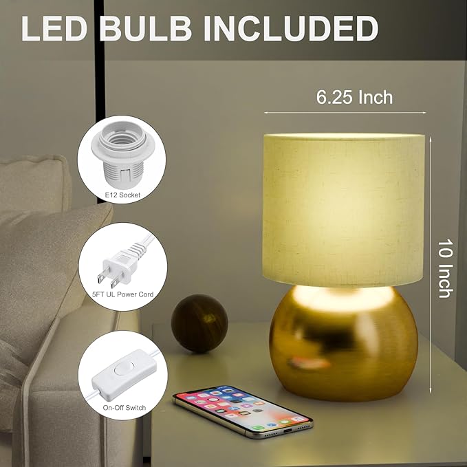 Set of 2 Small Gold Spherical Base Bedside Table Lamp with Textured Linen Shade (Bulb Included)