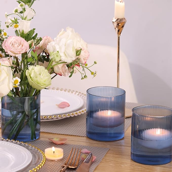 Glass Ribbed Cylinder Vase Set of 6, Bud Vase for Wedding Centerpieces, Clear Ribbed Glass Flower Vase, Hurricane Floating Candle Holder 4 Inch, Decorative Vases for Home Decor(Blue)