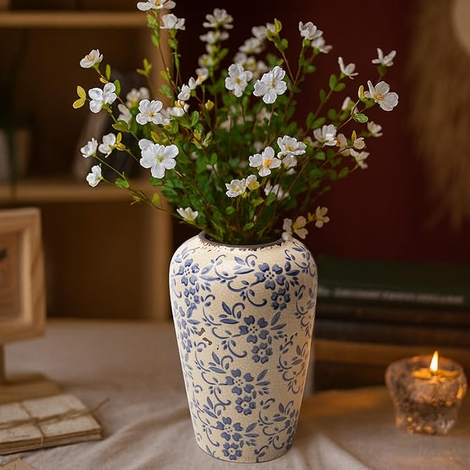 BEAHOT 8.6 Inch Chinoiserie Ceramic Vase – Blue and White Tall Vintage Flower Vase, Large Retro Chinoiserie Cracked Porcelain Decor for Living Room Centerpieces, Bookshelf, Grand Millennial Decor