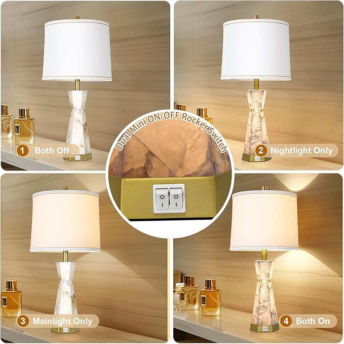 Natural Alabaster Table Lamp,Living Room Lamps Set of 2,Nightstand Lamp with Night Light,Lamps for Living Room With Linen Fabric Shade,Bedside Lamp with Usb A+C Ports for Bedroom,Hotel(Bulb Included)