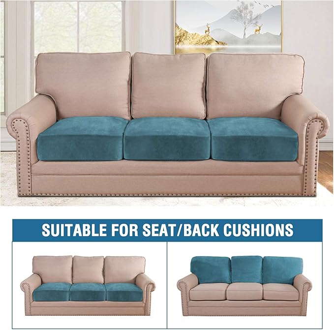 H.VERSAILTEX Velvet Stretch Couch Cushion Cover Plush Cushion Slipcover for Chair Loveseat Sofa Cushion Furniture Protector Seat Cushion Sofa Cover (3 Piece Sofa Cushion Covers, Peacock Blue)