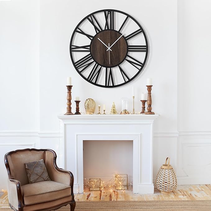 LEIKE Large Wall Clocks for Living Room,Silent,Non Ticking,Battery Operated Oversized Vintage Round Modern Wood Wall Clock for Bedroom,Farmhouse,Office Home Decor-24 Inch(Black-Roman Numerals)