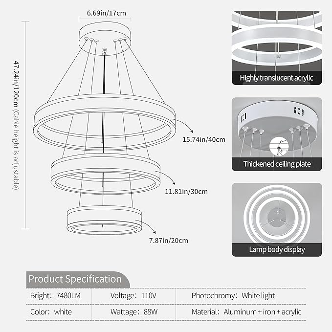 O'NEELDY Modern LED Chandeliers Adjustable Hanging White Pendant Light Fixture 3 Ring Flush Mount Chandeliers for Bedroom,Kitchen,Island Cafe