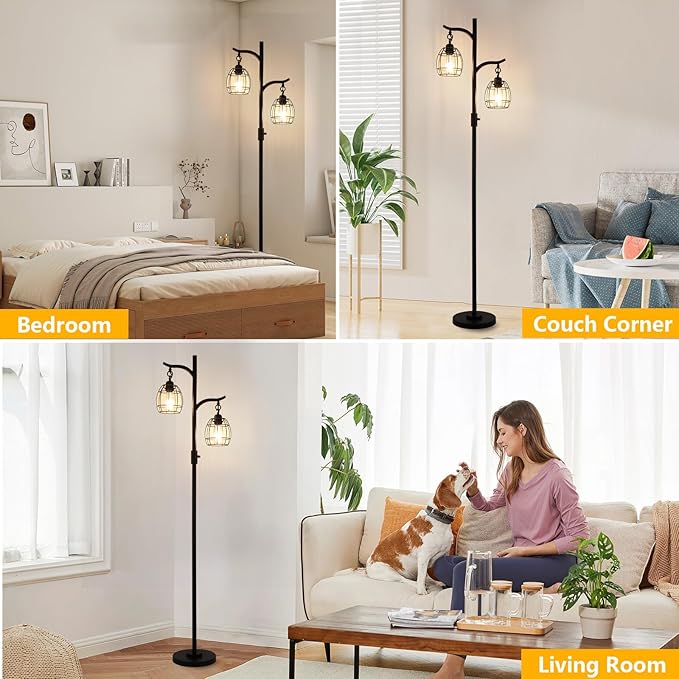 9MMML Floor Lamp for Living Room, Farmhouse Industrial Dimmable Floor Lamps with 2 Hanging Teardrop Cage, Vintage 67'' Tall Black Tree Standing Lamp for Bedroom Office, 2 x 800LM LED Bulbs Included