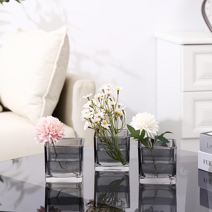 Square Flower Vases Set of 4, 3"x 3"x 3" Glass Vases for Centerpieces, Grey Vase for Flowers, Small Vase for Wedding, Party, Home Office Decoration