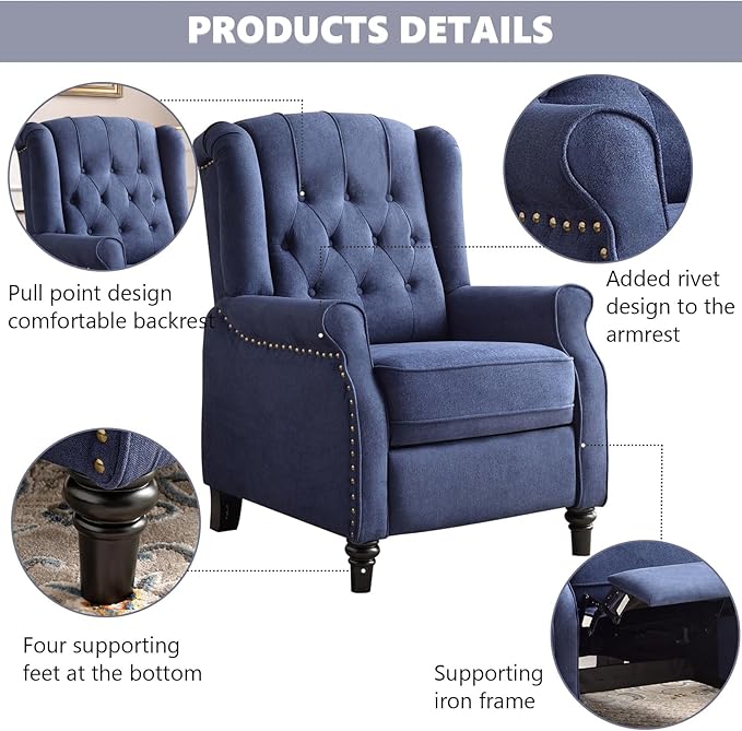 CANMOV Push Back Recliner Chair,Accent Chair, Mid Century Wingback Recliner, Fabric Push Back Recliner Chair Single Armchair Sofa with Rivet Decoration, Button-Tufted Back for Living Room,Dark Blue