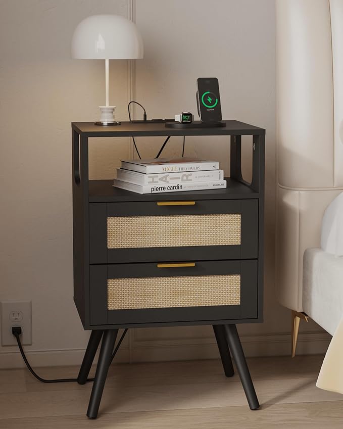 Rattan Nightstand with Charging Station,Farmhouse Bedside Table with 2 Storage Drawer and Open Wood Shelf, for Bedroom and Small Spaces,Night Stand with Solid Wood Legs (Black-Outlet)