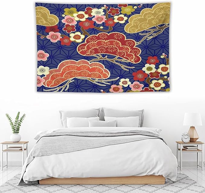 HZOHNAGO Japanese Tapestry Art Abstract Colorful Cherry Blossom Blue Background Pattern Printed Wall Tapestry Painting Wall Hanging for Bedroom Living Room Dorm 60" W x 40" H