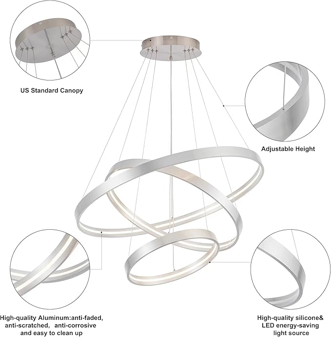 Modern Led Chandeliers, Dimmable Contemporary LED Chandeliers 3 Rings, Hanging Led Modern Pendant Light Fixture for Living Dining Room Kitchen Foyer Entryway Brush Nickel-3000K/4000K/6000k