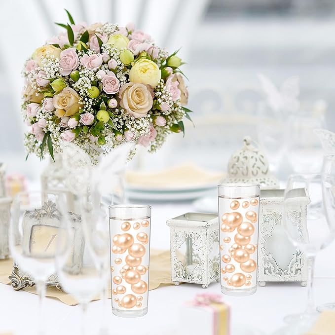 100PCS Champagne Faux Pearls Beads for Centerpiece Vases, Vase Filler Faux Pearls, No Holes Filler Beads for Party Anniversary Birthday Wedding Table Decor, 14/20/30mm