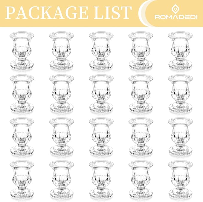 20 Pcs Glass Taper Candle Holders - Romadedi Clear Small Candlestick Holder Bulk, Thicker Glass Candle Sticks Set for Wedding Christmas Party Dining Table Table Centerpiece Decor