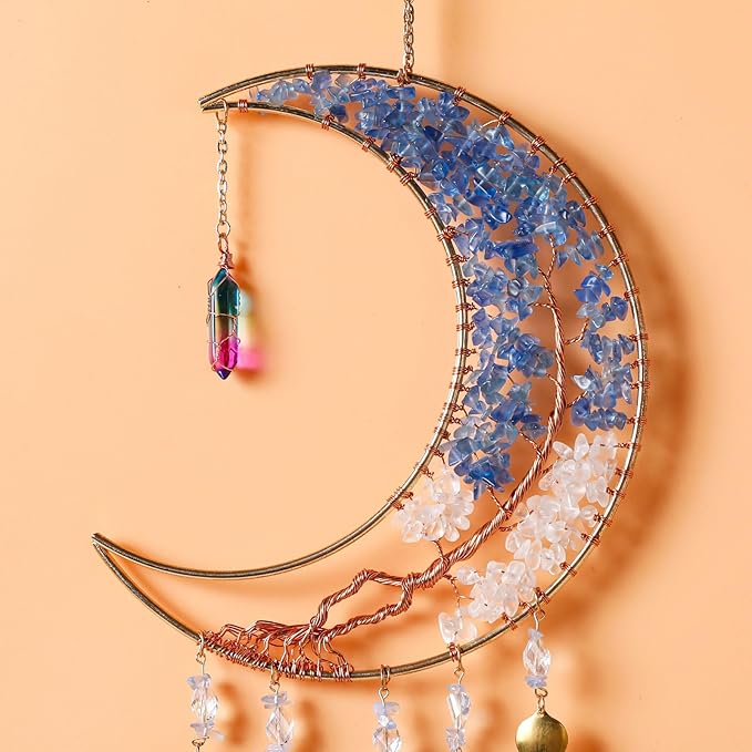 Agate Gemstone Dream Catcher 7 Chakra Tree of Life Dream Catcher with Crystal Stones Handmade Dreamcatcher Wall Decor for Adults Boys Girls,Bedroom,Wedding,Garden,Bless Gift(Blue Moon with Pendant)