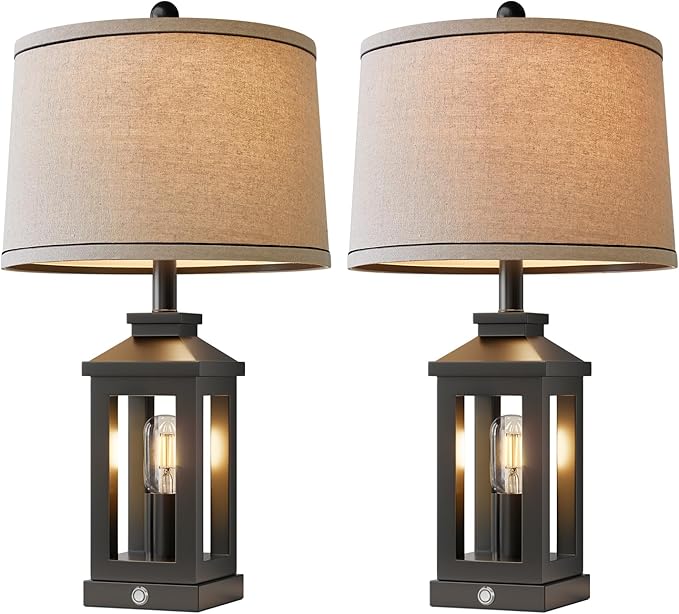 BOBOMOMO 23.75" Farmhouse Black Table Lamps Set of 2– Rustic Bedside Lamps with 3 Way Dimmable Touch Control Night Light & USB A+C Ports, Modern Lamp for Bedroom, Living Room, Entryway