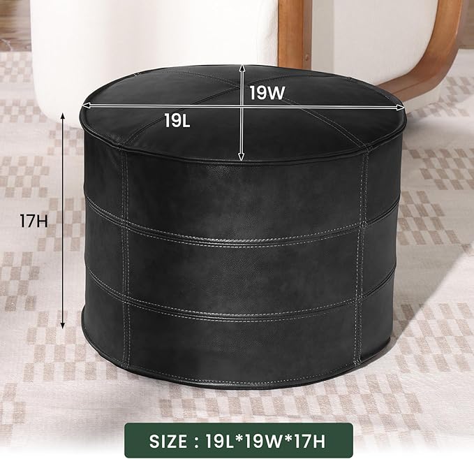 Genuine Leather Round Pouf Ottoman Footstool for Living Room, Bedroom, Indoor (Black)