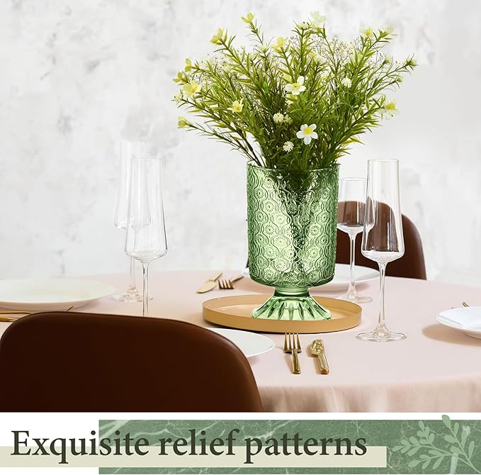 6 Pcs (H:7" W:4") Embossed Flower Vase Fall Pedestal Glass Vase Big Base Thickened Crystal Vintage Vases for Autumn Wedding Home Decor Table Centerpiece House Warming Gifts(Green)