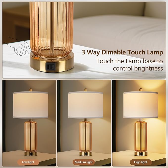 Table Lamps Set of 2 with Touch Control, 3-Way Dimmable Nightstand Lamp with Vertical Grained Glass, Bedside Table Lamps, 27" Modern Glass Bedside Lamps with USB A+C Ports, Brown Desk Lamp for Bedroom