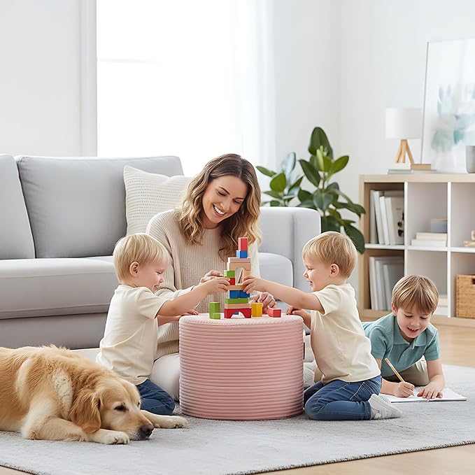 LITA Round Stuffed Pouf Ottoman, Velvet Poufs with High-Density Foam Filling and Washable Cover, Furry and Fluffy Bean Bag Foot Stools Ottoman for Living Room, Bedroom, Office, Pink