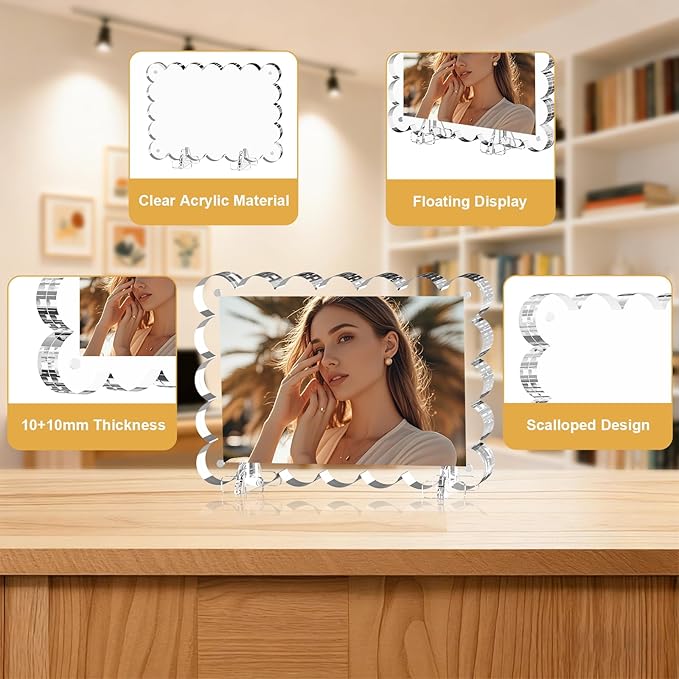 3 Pack Acrylic Picture Frames, 4x6 Magnetic Photo Frame with Stands, Double Sided Clear Picture Frame,10+10mm Thickness Scalloped Photo Frames for Home Office Decor Table Top Display