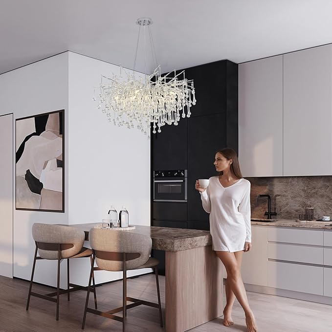 Branch Chandeliers Lights,8-Light Modern Crystal Chandelier Raindrop Luxury Chandelier Light Fixture for Dining Room Living Room,Kitchen Island D23.6in Farmhouse Chandelier