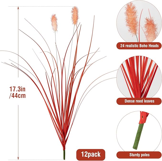 Fake Grass Fall Flowers Artificial Shrubs Artificial Grass Wheatgrass Cattails Fake Grass Decorations Artificial Plants Ornamental Grass Outdoor Grass Green Leafy Decorations (12PCS)Orange