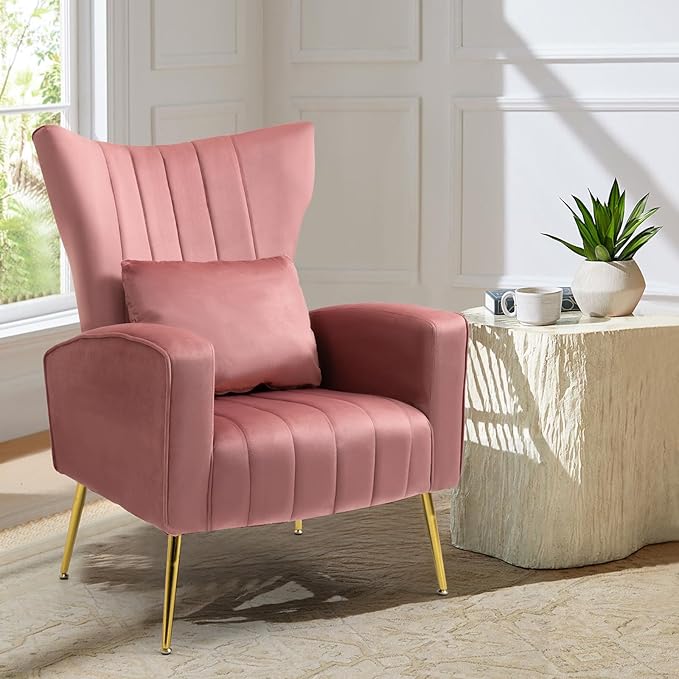 X-VOLSPORT Velvet Accent Chair, Mid Century Modern Wing Back Living Room Chair with Waist Pillow, Upholstered Arm Chair with Metal Gold Legs for Bedroom, Club, Pink