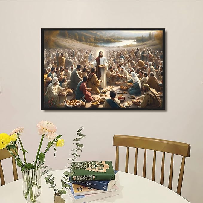 XWNLTEPK Jesus Feeding 5,000 People with Five Loaves and Two Fishes Miracle Mercy Canvas Art Wall Decor Poster Suitable for Bedroom Living Room Relaxation Room Confession Room