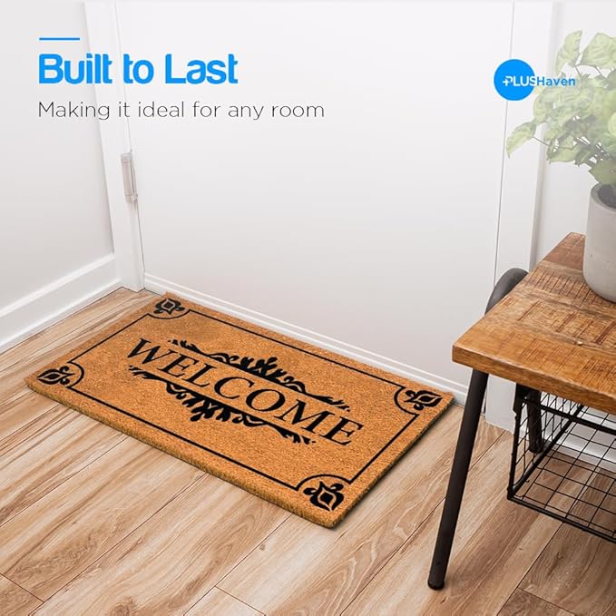 PLUS Haven Coco Coir Door Mat with Heavy Duty Backing, Natural Welcome Doormat, 17.5”x30” for Entrance, Front Porch, Easy to Clean Entry Mat, Outdoor and Indoor Uses, Home Décor