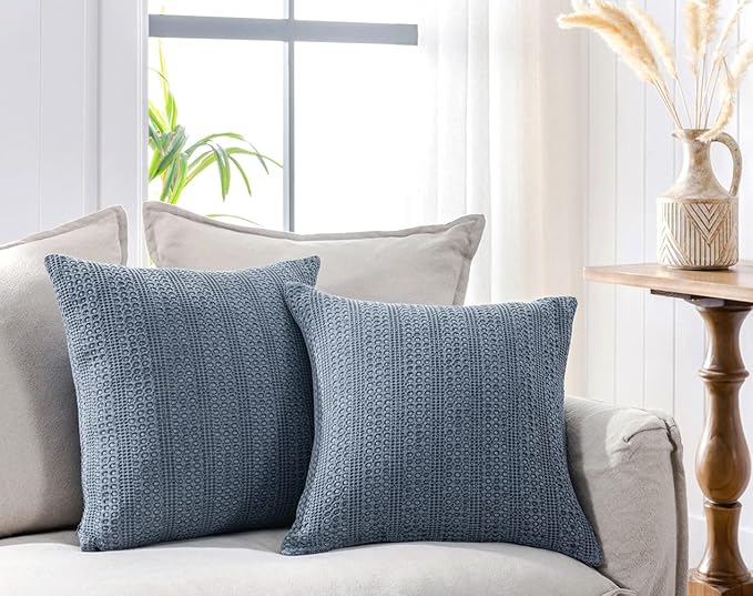 18x18 Throw Pillow Covers Set of 2 Boho Decorative Pillow Shams Stone Washed Cotton Pillowcase Waffle Square for Couch Sofa Chair Bed Car, Blue Grey