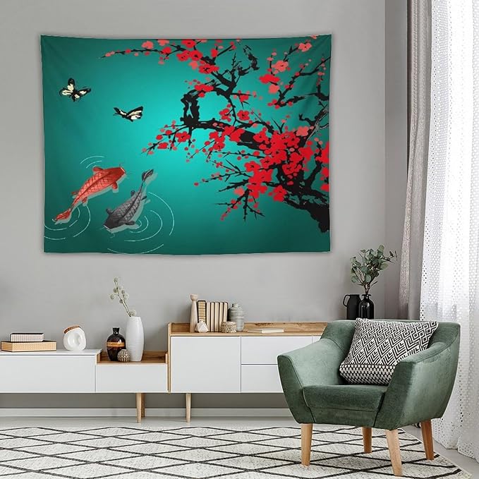 Houselerax Japanese Koi Fish Tapestry, Cherry Blossoms Asian Oriental Green Teal Floral Branch Koi Fish Carp Tapestries Wall Hanging for Bedroom Living Room Office Decor 80"x60"