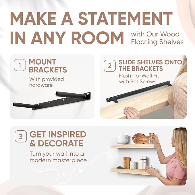 Homeforia 24 inch Natural Floating Shelf, High End Solid Real Wood 24inch Small Floating Shelves for Wall Mounted, Natural Wooden Floating Shelves, Heavy Duty Bracket, 24 X 6.5 X 1.75 in, Set of 3