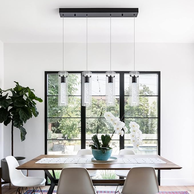 Pendant Light fixtures, Integrated 4-Light Pendant Lighting Black Finish, Dimmable Pendant Lights Kitchen Restaurant, Dining Room